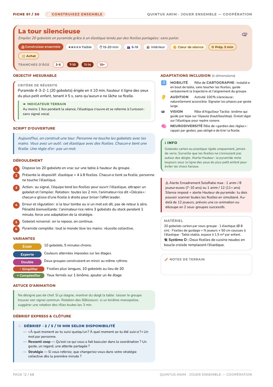 Exemple de fiche d'activité Quintus Anim : objectif mesurable, script d'ouverture, déroulement numéroté, adaptations d'inclusion et consignes de sécurité